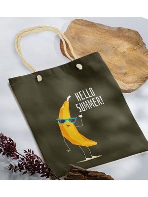 Bk Gift Yaz Temalı Haki Halat Saplı Kumaş Plaj Çantası -11 Baskılı Omuz Çantası