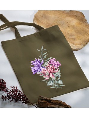 Bk Gift Çiçek Tasarımlı-2 Haki Kumaş Bez Çanta Baskılı Omuz Çantası