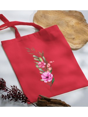 Bk Gift Çiçek Tasarımlı-1 Kırmızı Kumaş Bez Çanta Baskılı Omuz Çantası