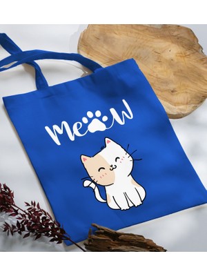 Bk Gift Kedi Tasarımlı-11 Mavi Kumaş Bez Çanta Baskılı Omuz Çantası