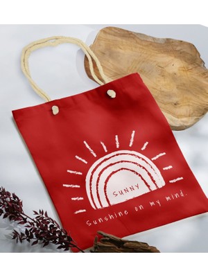 Bk Gift Yaz Temalı Kırmızı Halat Saplı Kumaş Plaj Çantası -24 Baskılı Omuz Çantası