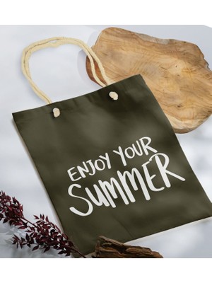 Bk Gift Yaz Temalı Haki Halat Saplı Kumaş Plaj Çantası -6 Baskılı Omuz Çantası