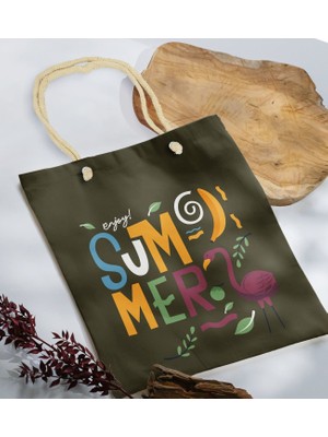 Bk Gift Yaz Temalı Haki Halat Saplı Kumaş Plaj Çantası -13 Baskılı Omuz Çantası