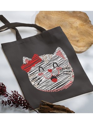 Bk Gift Modern Art Tasarımlı-4 Antrasit Kumaş Bez Çanta