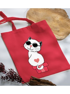 Bk Gift Kedi Tasarımlı Kırmızı-6 Kumaş Bez Çanta Baskılı Omuz Çantası