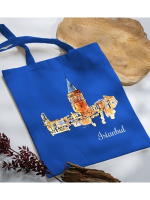 Bk Gift Istanbul Tasarımlı-3 Mavi Kumaş Bez Çanta Baskılı Omuz Çantası