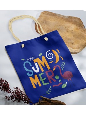 Bk Gift Yaz Temalı Saks Mavi Halat Saplı Kumaş Plaj Çantası -13 Baskılı Omuz Çantası
