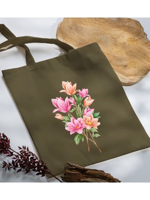 Bk Gift Çiçek Tasarımlı-4 Haki Kumaş Bez Çanta Baskılı Omuz Çantası