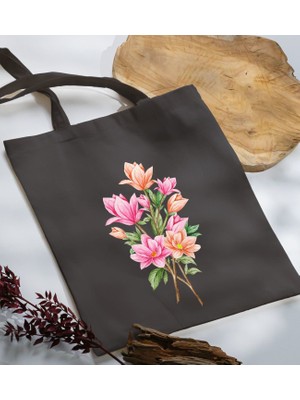 Bk Gift Çiçek Tasarımlı-4 Antrasit Kumaş Bez Çanta