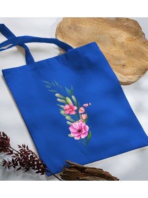 Bk Gift Çiçek Tasarımlı-1 Mavi Kumaş Bez Çanta Baskılı Omuz Çantası