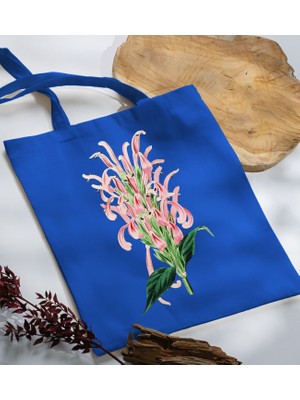 Bk Gift Çiçek Tasarımlı-8 Mavi Kumaş Bez Çanta Baskılı Omuz Çantası
