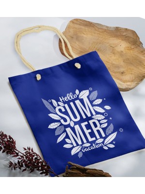 Bk Gift Yaz Temalı Saks Mavi Halat Saplı Kumaş Plaj Çantası -1 Baskılı Omuz Çantası