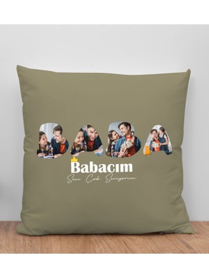 Bk Gift Kişiye Özel Fotoğraflı Babalar Günü Tasarımlı Haki Kırlent Yastık-1 Babaya Hediye, Ev Dekorasyonu, Babalar Günü Hediyesi