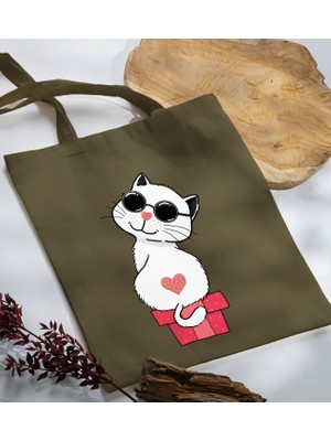 Bk Gift Kedi Tasarımlı-6 Haki Kumaş Bez Çanta Baskılı Omuz Çantası