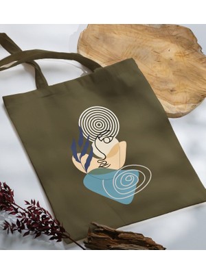 Bk Gift Modern Art Tasarımlı-2 Haki Kumaş Bez Çanta Baskılı Omuz Çantası