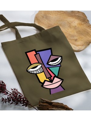 Bk Gift Modern Art Tasarımlı-6 Haki Kumaş Bez Çanta Baskılı Omuz Çantası