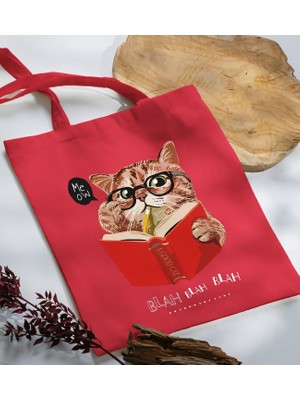 Bk Gift Kedi Tasarımlı-5 Kırmızı Kumaş Bez Çanta Baskılı Omuz Çantası