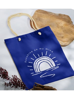 Bk Gift Yaz Temalı Saks Mavi Halat Saplı Kumaş Plaj Çantası -22 Baskılı Omuz Çantası