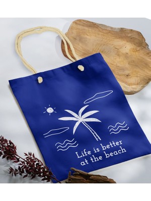 Bk Gift Yaz Temalı Saks Mavi Halat Saplı Kumaş Plaj Çantası -23 Baskılı Omuz Çantası