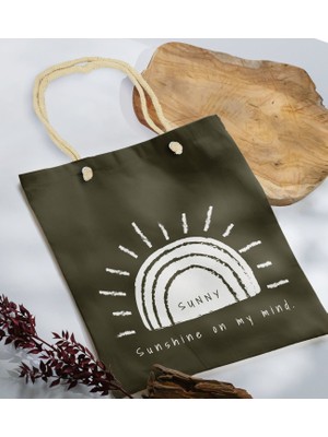 Bk Gift Yaz Temalı Haki Halat Saplı Kumaş Plaj Çantası -24 Baskılı Omuz Çantası