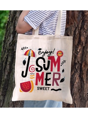Bk Gift Yaz Temalı Kanvas Bez Plaj Çantası -14  Baskılı Omuz Çantası