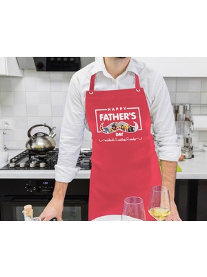 Bk Gift Kişiye Özel Isimli Fotoğraflı Babalar Günü Tasarımlı Profesyonel Kırmızı Mutfak Önlüğü-2, Aşçı Önlüğü, Şef Önlüğü, Babaya Hediye