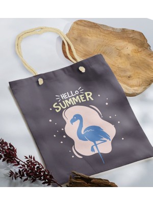 Bk Gift Yaz Temalı Antrasit Halat Saplı Kumaş Plaj Çantası -7 Baskılı Omuz Çantası