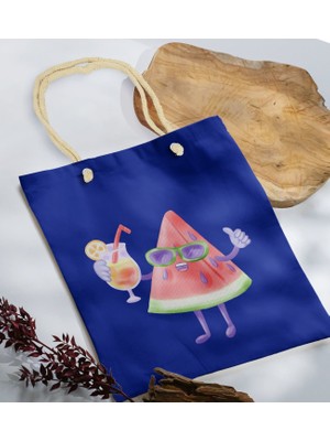 Bk Gift Yaz Temalı Saks Mavi Halat Saplı Kumaş Plaj Çantası -19 Baskılı Omuz Çantası