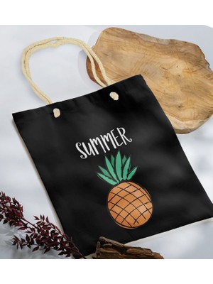 Bk Gift Yaz Temalı Siyah Halat Saplı Kumaş Plaj Çantası -4 Baskılı Omuz Çantası