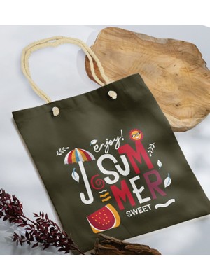 Bk Gift Yaz Temalı Haki Halat Saplı Kumaş Plaj Çantası -14 Baskılı Omuz Çantası