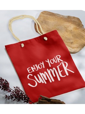 Bk Gift Yaz Temalı Kırmızı Halat Saplı Kumaş Plaj Çantası -6 Baskılı Omuz Çantası