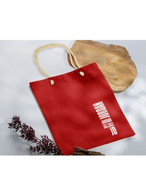 Bk Gift Isimli Tarihli Kırmızı Halat Saplı Kumaş Bez Çanta - 7 Baskılı Omuz Çantası
