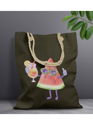 Bk Gift Yaz Temalı Haki Halat Saplı Kumaş Plaj Çantası -19 Baskılı Omuz Çantası