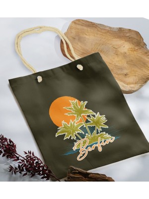 Bk Gift Yaz Temalı Isimli Haki Halat Saplı Kumaş Plaj Çantası -2 Baskılı Omuz Çantası