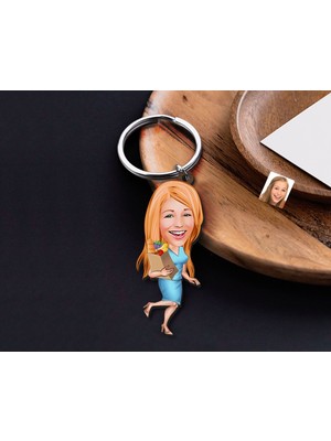 Bk Gift Kişiye Özel Ev Hanımı Karikatürlü Ahşap Anahtarlık-1 Sevgiliye Hediye, Arkadaşa Hediye, Doğum Günü Hediyesi