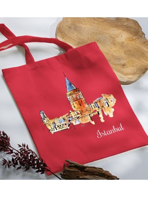 Bk Gift Istanbul Tasarımlı-3 Kırmızı Kumaş Bez Çanta Baskılı Omuz Çantası
