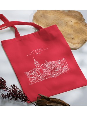 Bk Gift Istanbul Tasarımlı-4 Kırmızı Kumaş Bez Çanta Baskılı Omuz Çantası