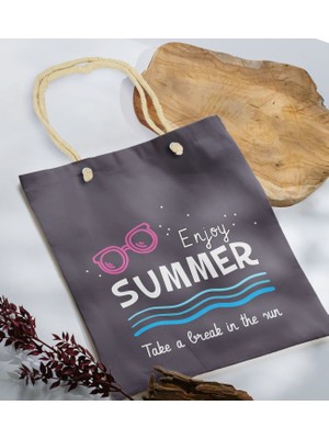 Bk Gift Yaz Temalı Antrasit Halat Saplı Kumaş Plaj Çantası -8 Baskılı Omuz Çantası