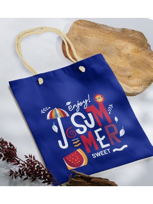 Bk Gift Yaz Temalı Saks Mavi Halat Saplı Kumaş Plaj Çantası -14 Baskılı Omuz Çantası
