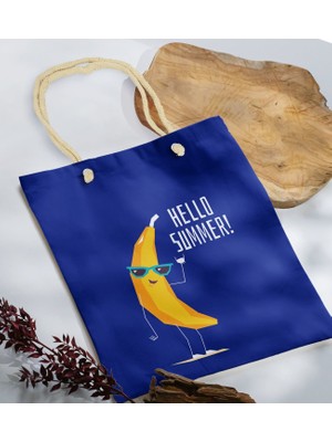 Bk Gift Yaz Temalı Saks Mavi Halat Saplı Kumaş Plaj Çantası -11 Baskılı Omuz Çantası