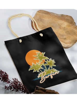 Bk Gift Yaz Temalı Isimli Siyah Halat Saplı Kumaş Plaj Çantası -2 Baskılı Omuz Çantası