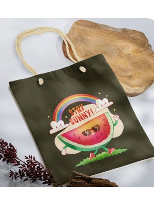 Bk Gift Yaz Temalı Haki Halat Saplı Kumaş Plaj Çantası -18 Baskılı Omuz Çantası