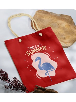 Bk Gift Yaz Temalı Kırmızı Halat Saplı Kumaş Plaj Çantası -7 Baskılı Omuz Çantası