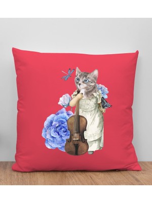 Bk Gift Kedi Tasarımlı Kırmızı Kırlent Yastık, Arkadaşa Hediye, Ev Dekorasyonu, Ev Hediyesi-3