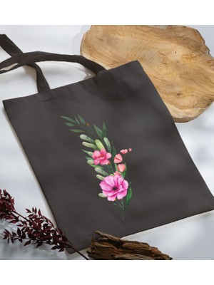 Bk Gift Çiçek Tasarımlı Antrasit-1 Kumaş Bez Çanta