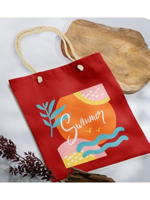 Bk Gift Yaz Temalı Kırmızı Halat Saplı Kumaş Plaj Çantası -15 Baskılı Omuz Çantası
