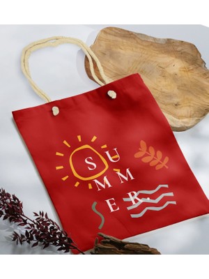 Bk Gift Yaz Temalı Kırmızı Halat Saplı Kumaş Plaj Çantası -20 Baskılı Omuz Çantası
