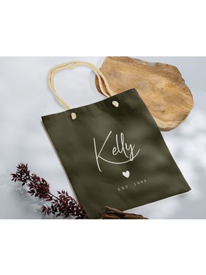 Bk Gift Isimli Tarihli Haki Halat Saplı Kumaş Bez Çanta - 1 Baskılı Omuz Çantası
