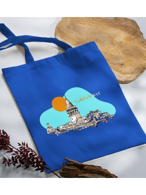 Bk Gift Istanbul Tasarımlı-7 Mavi Kumaş Bez Çanta Baskılı Omuz Çantası