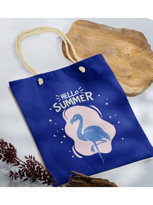 Bk Gift Yaz Temalı Saks Mavi Halat Saplı Kumaş Plaj Çantası -7 Baskılı Omuz Çantası